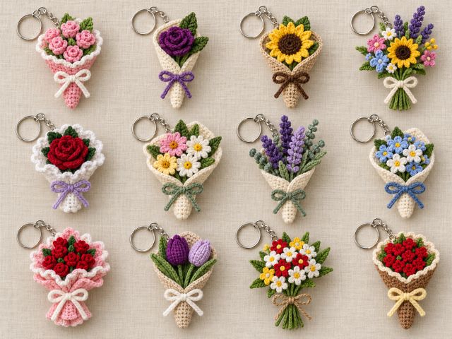 12 Cute Crochet Flower Bouquet Keychain Ideas with Video Tutorials