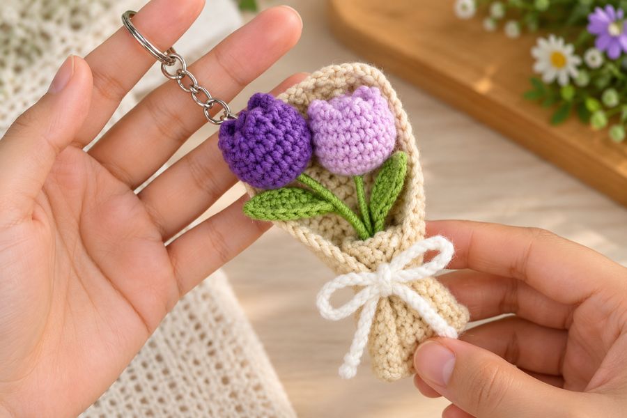 Crochet Mini Flower Bouquet Keychain Tutorial | DIY Tulip Bouquet